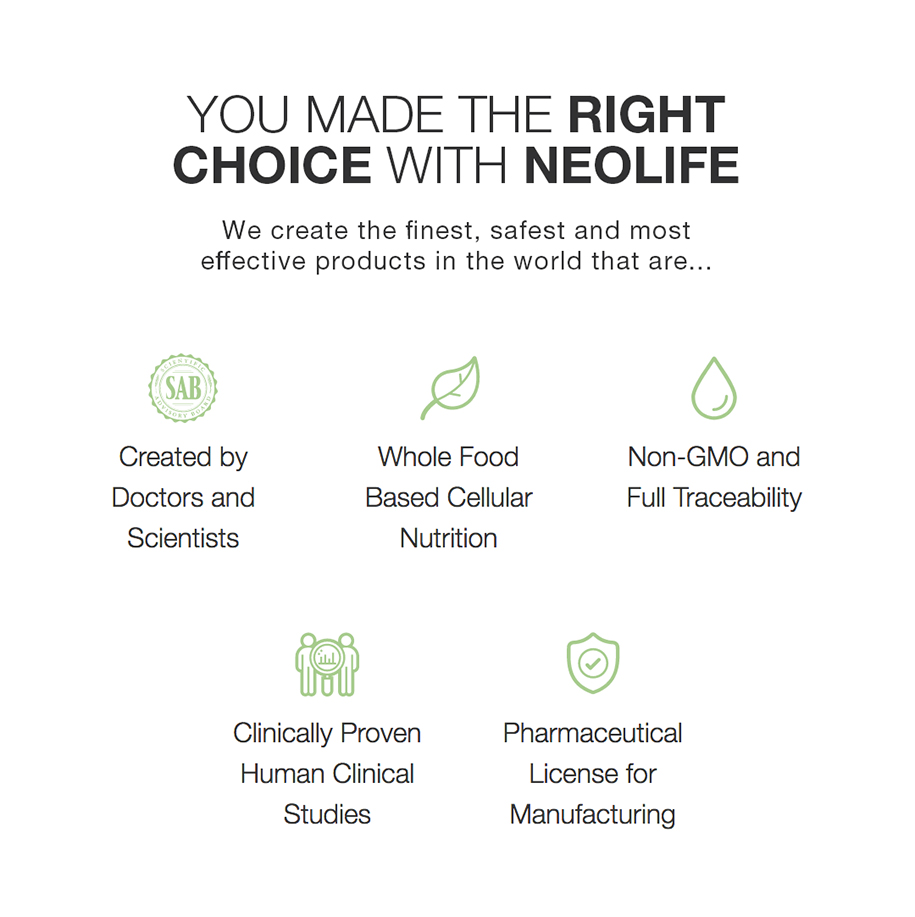 You made the Right Choice with NeoLifeWe create the finest, safest and most effective products in the world that are... Created by Doctors and Scientists, Whole Food Based Cellular Nutrition, Non-GMO and Full Traceability, Clinically Proven Human Clinical Studies, Pharmaceutical License for Manufacturing, Read more about the NeoLife Quality Difference